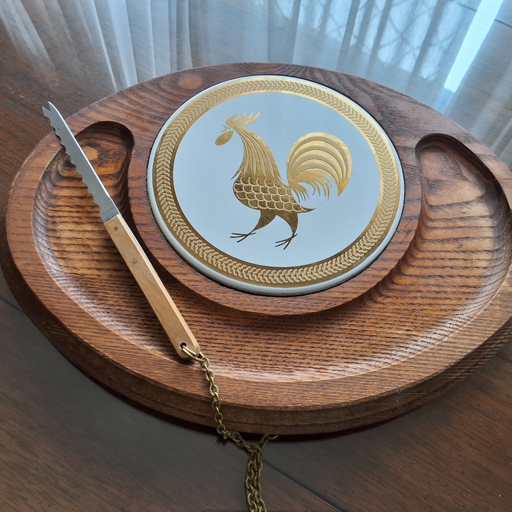 Vintage Ceramic Rooster and Wooden Cheese Platter with Knife